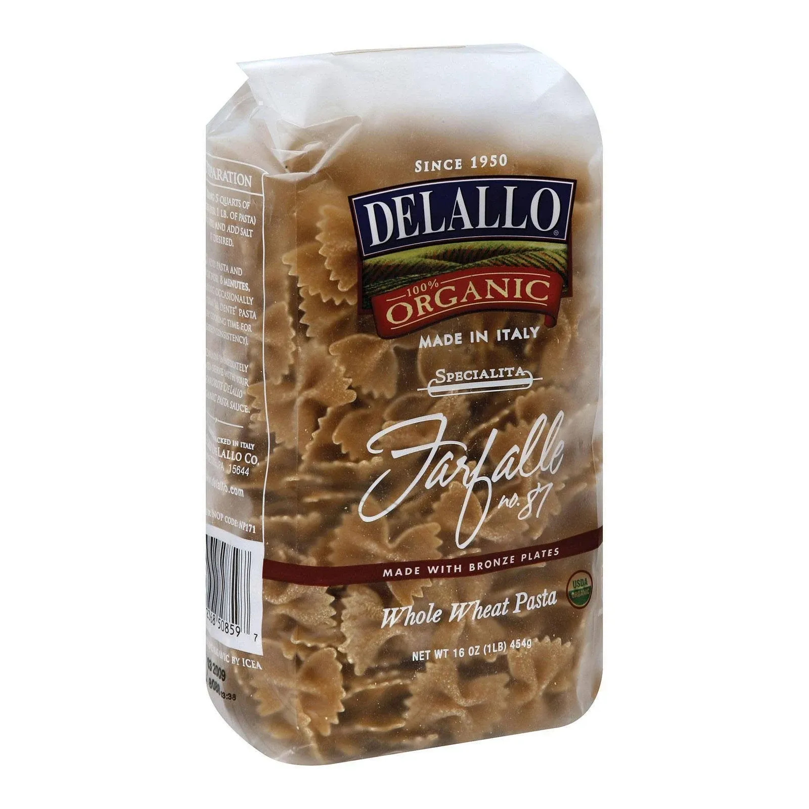 DeLallo Organic Whole Wheat Farfalle No. 87 Pasta - 16 oz bag