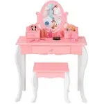 Costzon Kids Vanity Set with Mirror, 2 in 1 Princess Makeup Dressing Table w/Detachable Top, Toddler Vanity with 360° Rotating Mirror, Drawers & Stool, Pretend Play Vanity Set for Little Girls, Pink