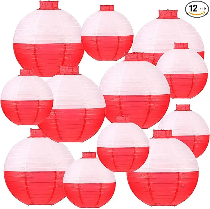 Hortsun Set of 12 Fishing Bobber Round Paper Hanging Lanterns Fishing Birthday Decorations Hanging Paper Lanterns for Fishermen Theme P