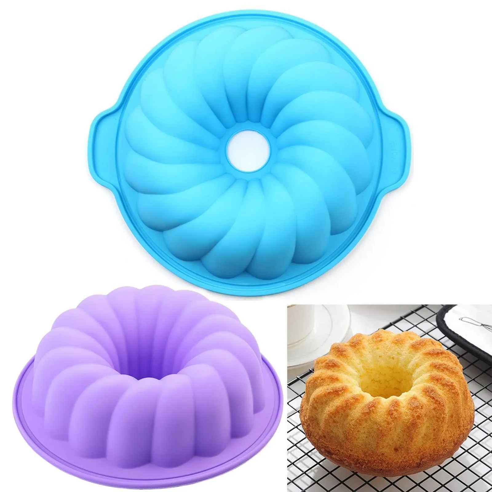 Silicone Bundt Cake Pan - 8-10Inch Round Fluted Tube Cake Baking Molds，Non-st..<wbr/>.