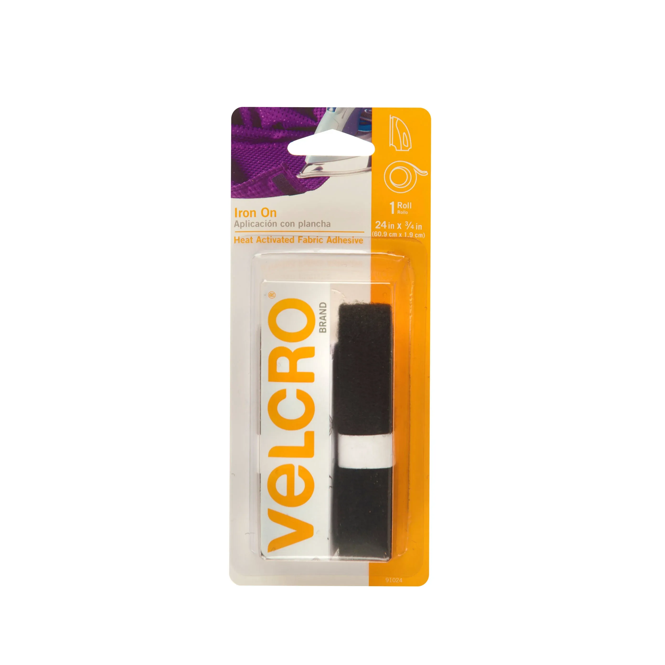 VELCRO Brand for Fabrics | Iron On Tape for Alterations and Hemming | No Sewing or Gluing | Heat Activated for Thicker Fabrics | Cut-to-Length Roll, 24 in x 3/4 in, Black