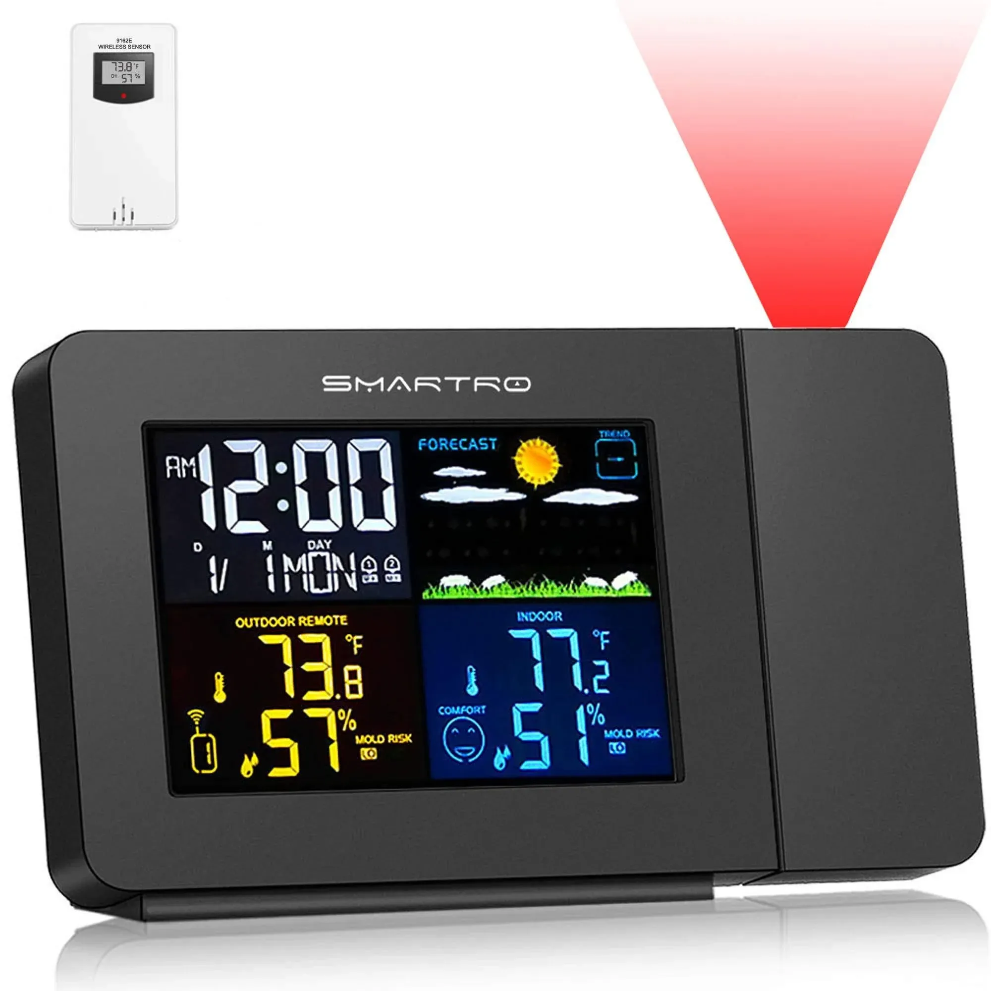 SMARTRO SC91 Projection Alarm Clock for Bedrooms with Weather Station and ST49 Instant Read Meat Thermometer Black