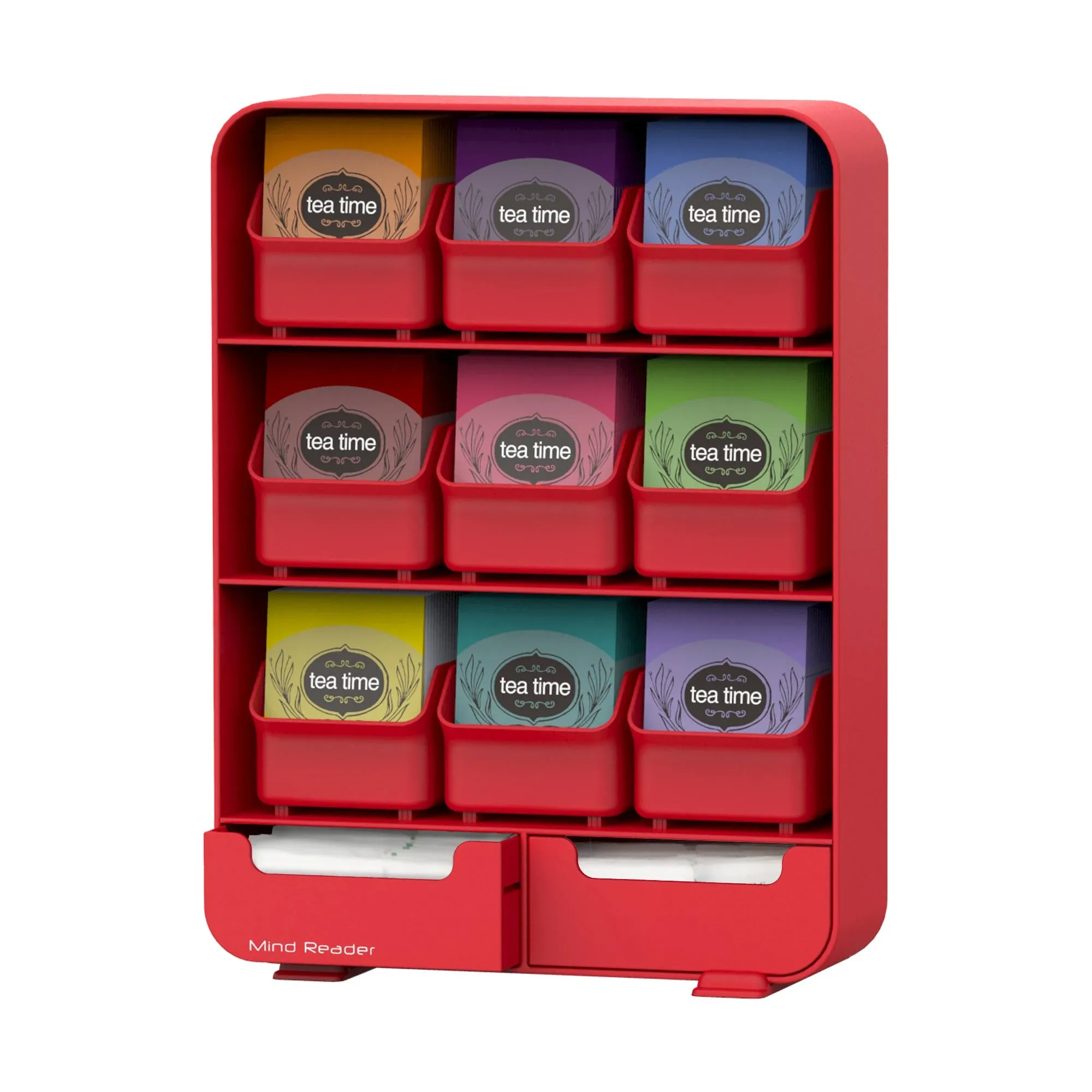 Mind Reader 9 Removable Drawers Tea Bag holder and Condiment Organizer, Red