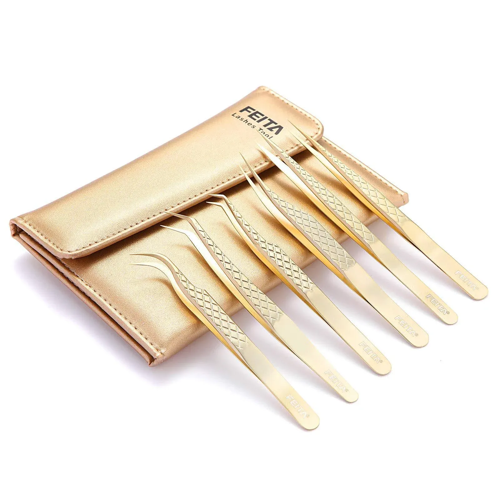 FEITA Eyelash Extension Tweezer Set Gold Lash Applicator Tool - Precision Lashes ...