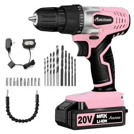 AVID POWER 20V MAX Lithium lon Cordless Drill Set, Power Drill Kit with Battery and Charger, 3/8-Inch Keyless Chuck, Variable Speed, 16 Position and 22pcs Drill Bits (Pink)