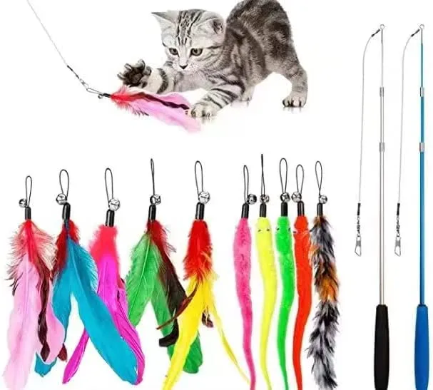 Jiaron Cat Feather Toy, 2pcs Retractable Cat Wand Toys and 10pcs Replacement Teaser with Bell Refills, Interactive Catcher Teaser and Funny Exercise