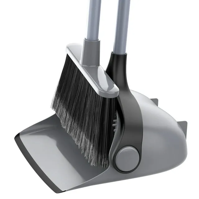 MR.SIGA Broom and Dustpan Set with Adjustable Long Handle, Upright Combo for Floor, Cleaning Lobby, Gray