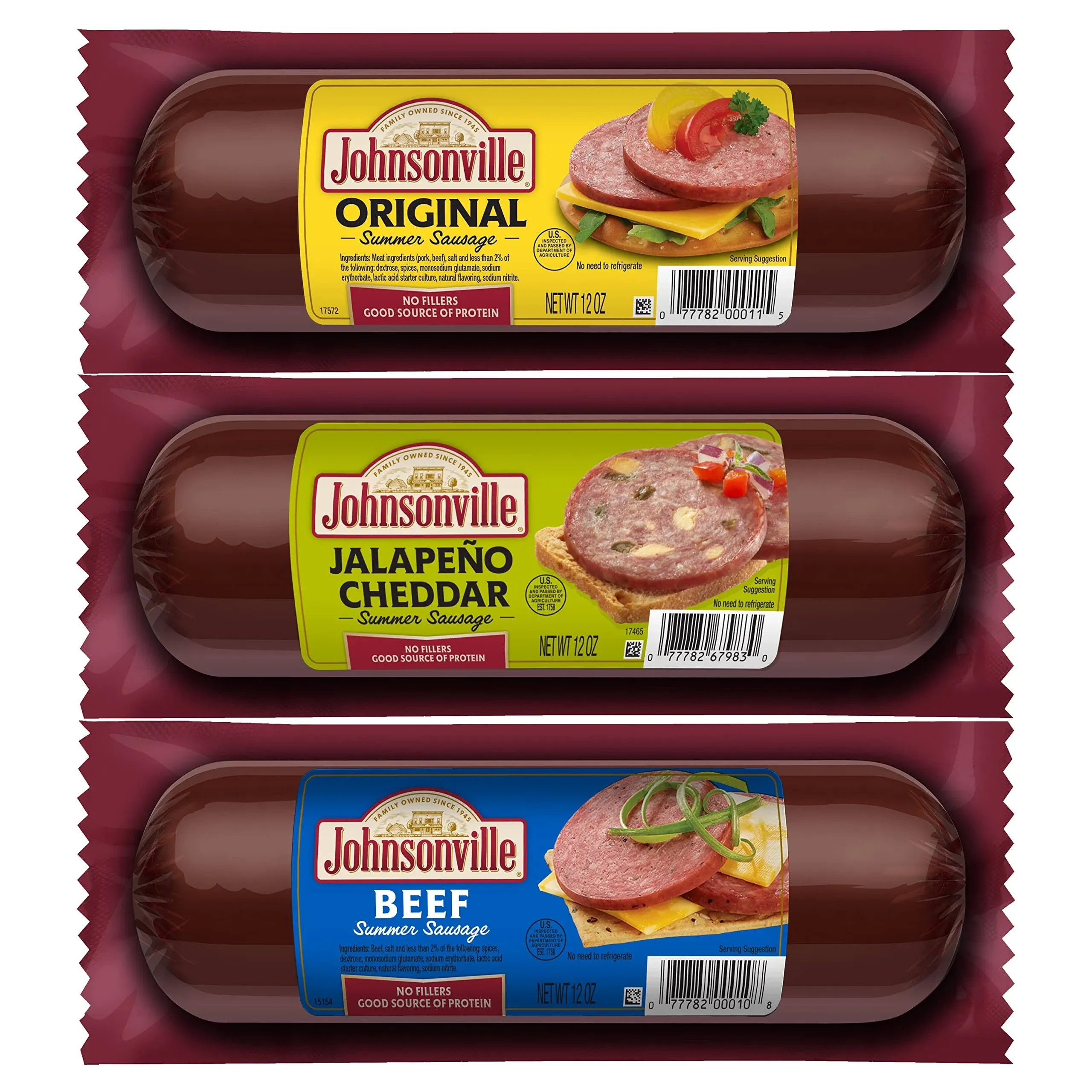 Johnsonville Original, Beef, Jalapeno Cheddar Summer Sausages 3/12oz. Gift Pack, Good Source of Protein, Great on Charcuterie and Cheese Boards, Holiday Gifting