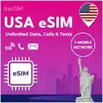 travSIM eSIM USA | T-Mobile Network | Unlimited Data, Calls & Texts in The USA | e SIM Card USA Works on eSIM Compatible iOS & Android Devices | eSIM Card USA 14 Days