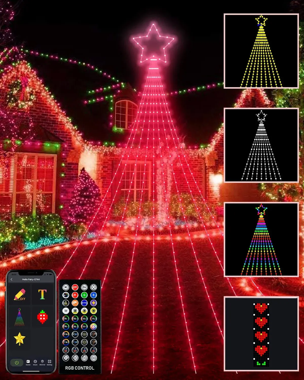 Outdoor Christmas Decorations Lights with Star, Smart DIY Custom Display 11.8Ft 64 Modes Yard Waterfall Tree String Lights, App Control 344LED RGB Color Changing Music Timer for Xmas Tree Lawn Decor