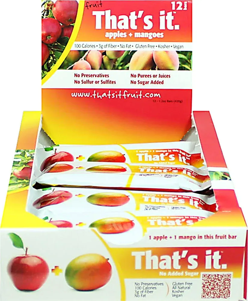 That's it. Apple + Mango 100% Natural Real Fruit Bar, Best High Fiber Vegan, Gluten Free Healthy Snack, Paleo for Children & Adults, Non GMO No Sugar Added, No Preservatives Energy Food (12 Pack)