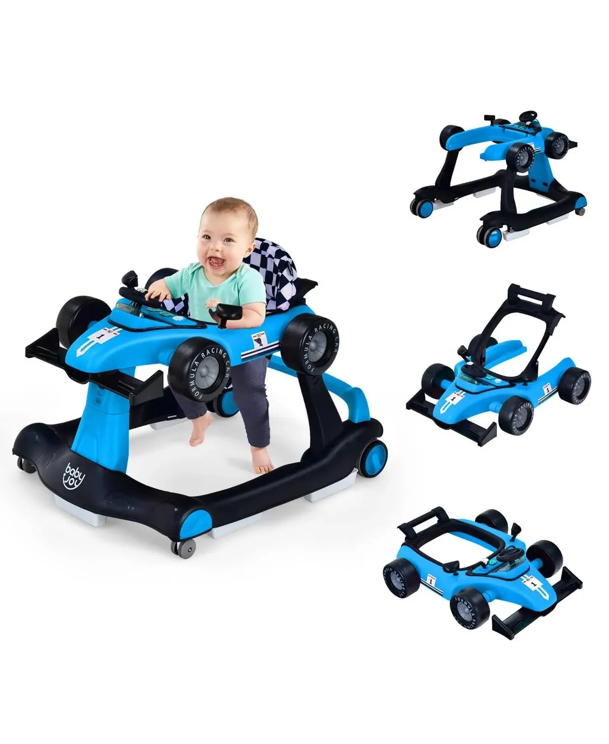 Babyjoy 4-in-1 Baby Walker Foldable Activity Push Walker Adjustable Height Blue