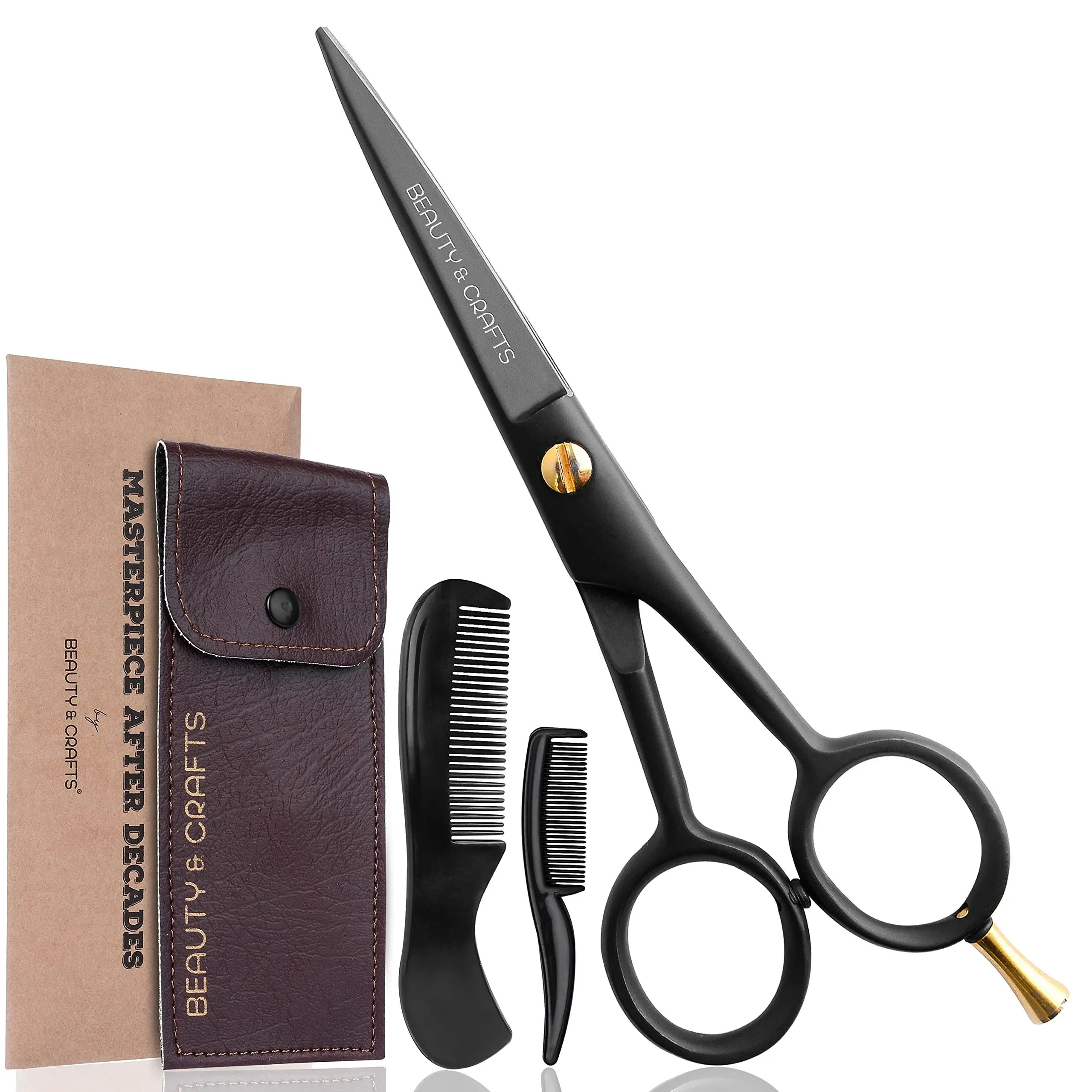 Beauty & Crafts- 5'' German Beard Mustache Scissor- 2 Mustache Combs For Facial Hair with Beautiful Pouch & Tweezer - Beard Trimming Scissors For Grooming, Cutting, And Styling Of Mustache