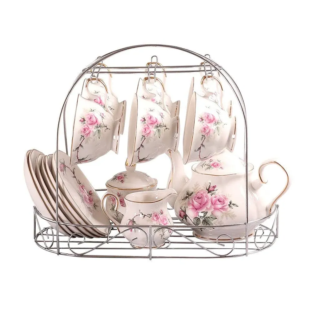 ufengke 15 Piece European Bone China Service Coffee Set Wiht Metal Holder,Pink Camellia Printing Vintage Floral Tea Set,for Wedding and Household