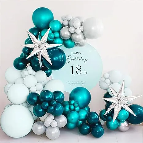 Kozee Chrome Dark Teal Winter Balloon Garland Arch Kit 120pcs Double Stuffed Metallic Teal and Silver Mint Green Balloons for 2023G