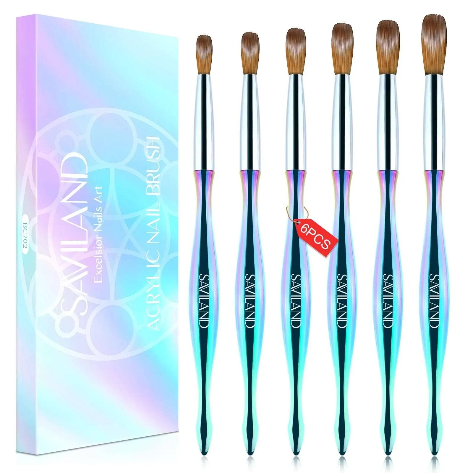 Saviland Acrylic Nail Brush Set: 6PCS Acrylic Nail Brushes for Acrylic Application, Professional Nail Acrylic Brushes for Acrylic Powder Application Manicure DIY Nail Art Tools (Size 4/8/10/12/14/16)