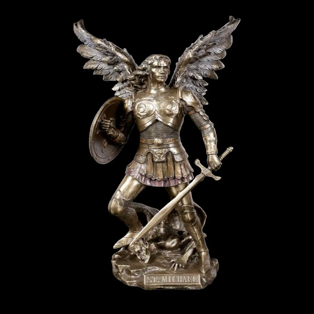 12.75 inch St. Michael Standing on Demon with Sword and Shield Statue