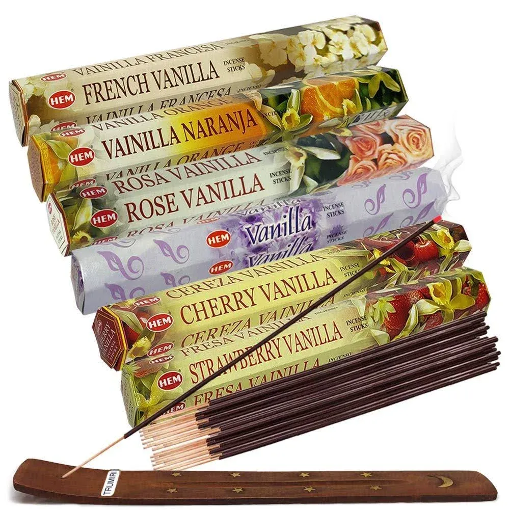 Hem Incense Sticks Variety Pack #18 and Incense Stick Holder Bundle with 6 Vanilla Fragrances