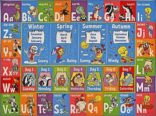 KC Cubs | Looney Tunes ABC Alphabet, Seasons, Months and Days of The Week Educational Learning & Game Play Area Non Slip Boy & Girl Kids Rug Carpet for Children Bedroom, Toddler Classroom & Baby Mat
