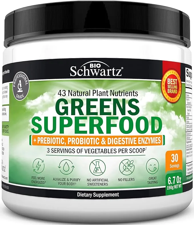 Super Greens Powder Superfood - Greens Powder with Probiotics Prebiotics Digestive Enzymes and 43 Green Superfoods - Chlorophyll Bilberry Chlorella Spirulina Grass - Tastes Amazing - 30 Servings