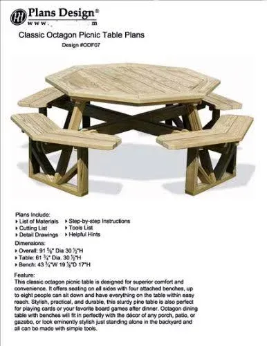 Plans Design Classic Large Octagon Picnic Table / Bench Woodworking Project Plans ...