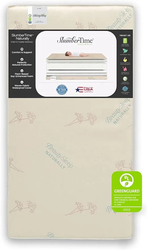 Simmons Kids SlumberTime Naturally 2-Stage Premium Plant-Based Soy Foam Baby Crib Mattress & Toddler Mattress - Waterproof - GREENGUARD Gold & CertiPUR-US Certified - Ideal Firmness - Made in USA