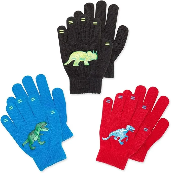 LUTHER PIKE SEATTLE 3 Pack - Magic Stretch Winter Kids Gloves for Boys, Kid & Children, Toddler - Dino, Camo, Trucks…