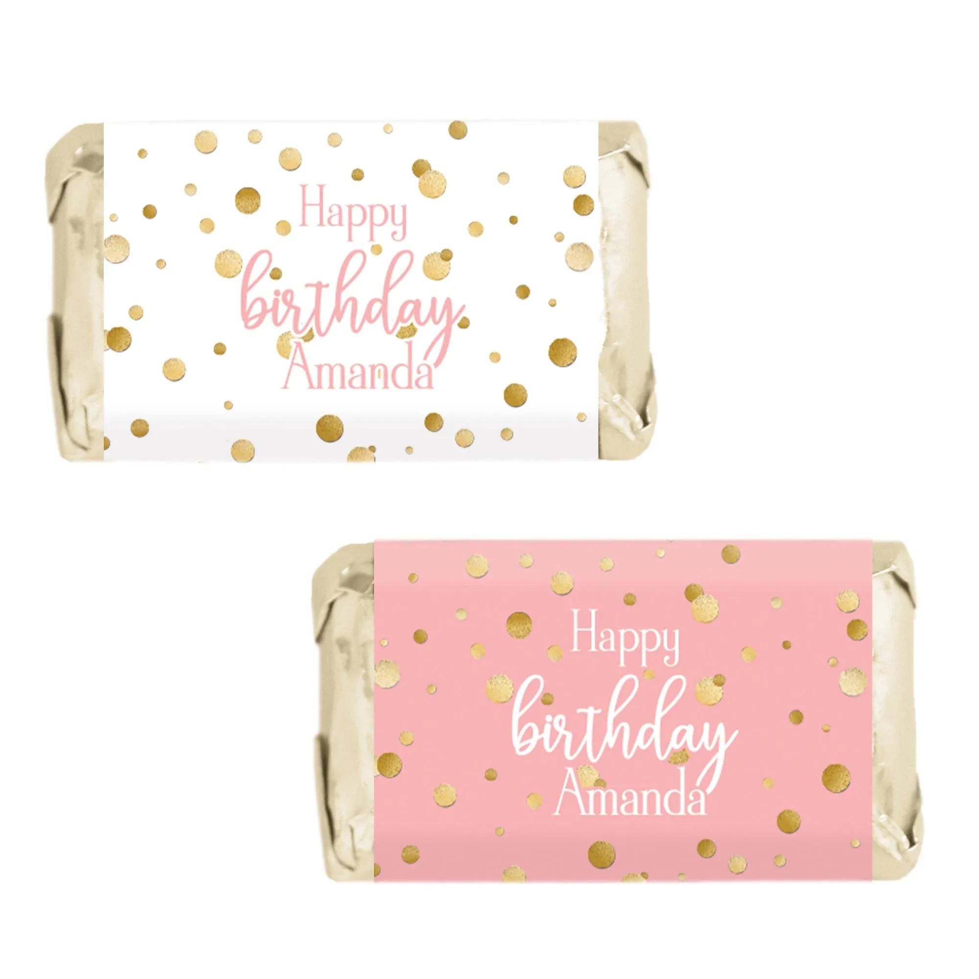 "Personalized Birthday: Gold Confetti Pink - Hershey's Miniatures Candy Bar Wrappers - 45 Stickers"