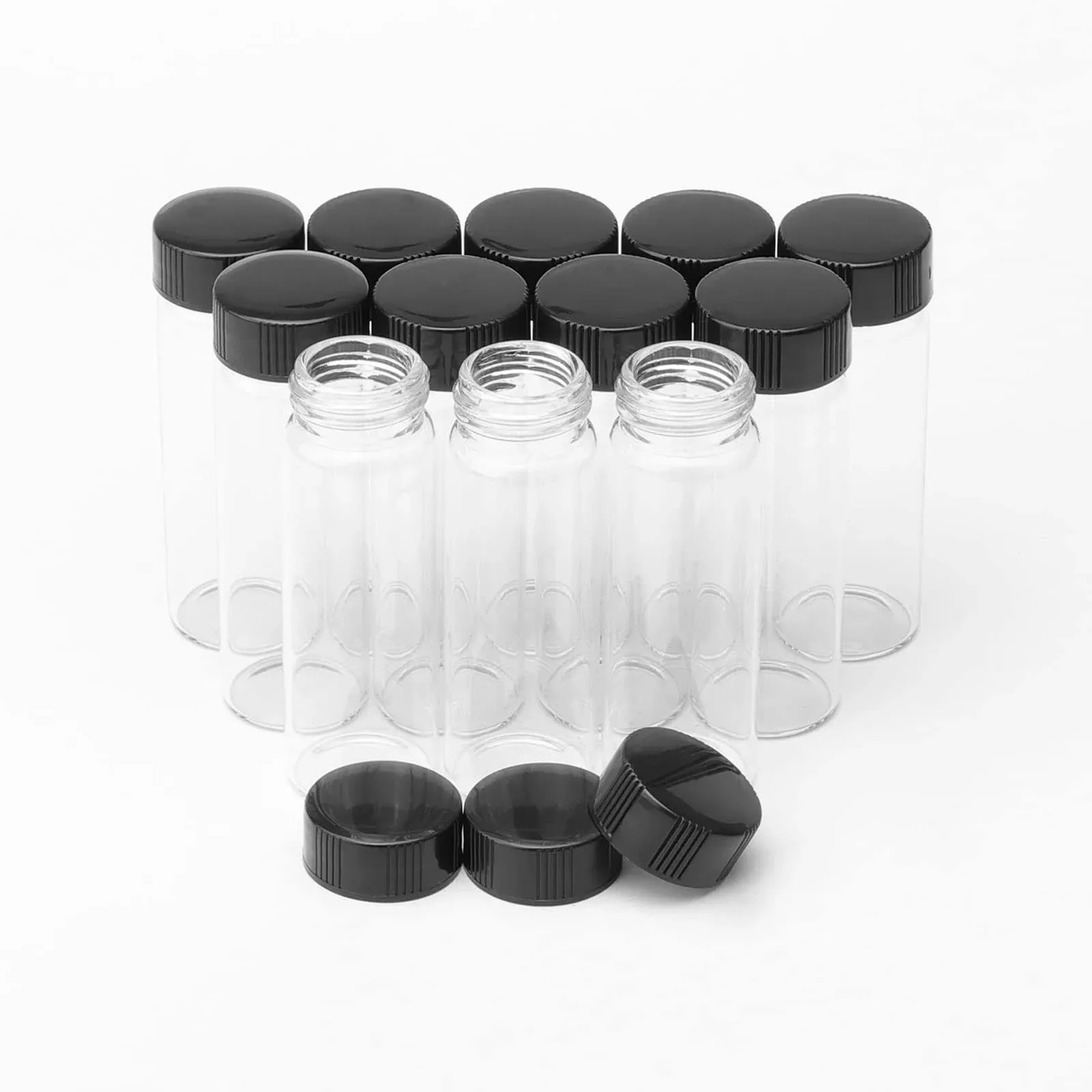 Kesell 12 Pack of 3 inches, 30 ML, Clear Glass Bottles Storage Container Sample Cosmetic Vials with Black Screw Caps