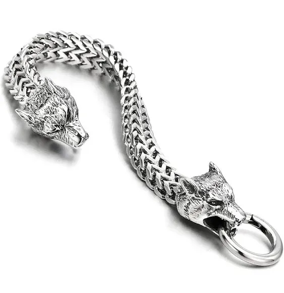 Biker Mens Stainless Steel Wolf Head Franco Link Curb Chain Bracelet with Spring ...