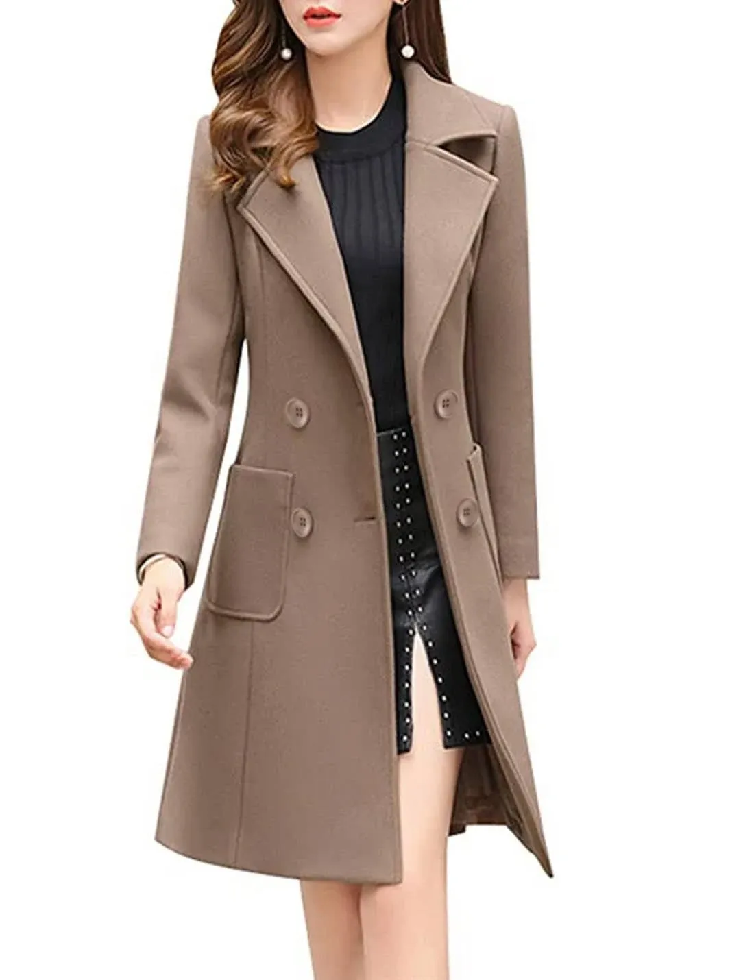 Bankeng Women Winter Wool Blend Camel Mid-Long Coat Notch Double-Breasted Lapel Jacket Outwear (Camel,M)