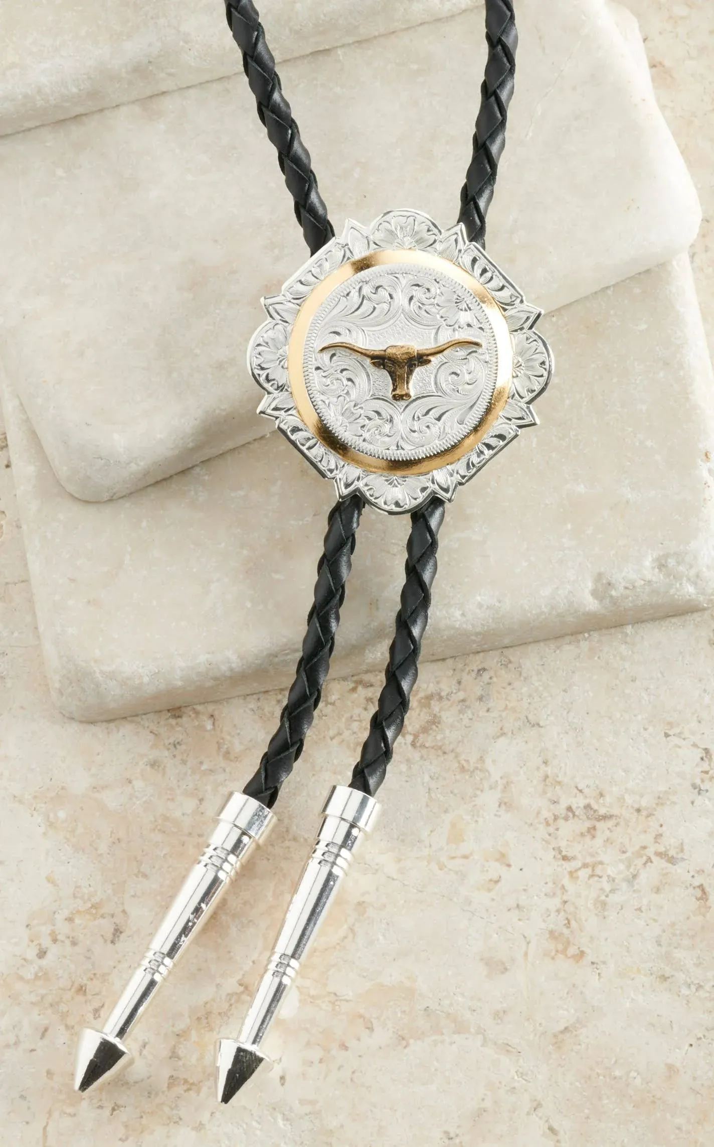 Montana Silversmiths Silver and Gold Engraved Button Bolo Tie