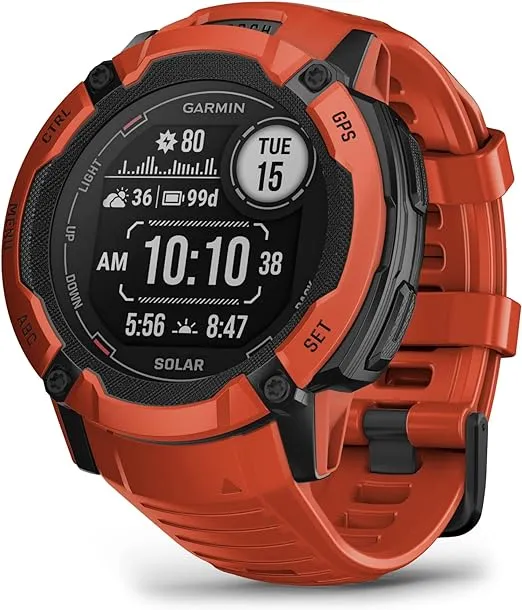 Garmin Instinct 2X Solar, Rugged GPS Smartwatch, Built-in Flashlight, Solar Charging Capability, Multi-Band GNSS, Flame Red