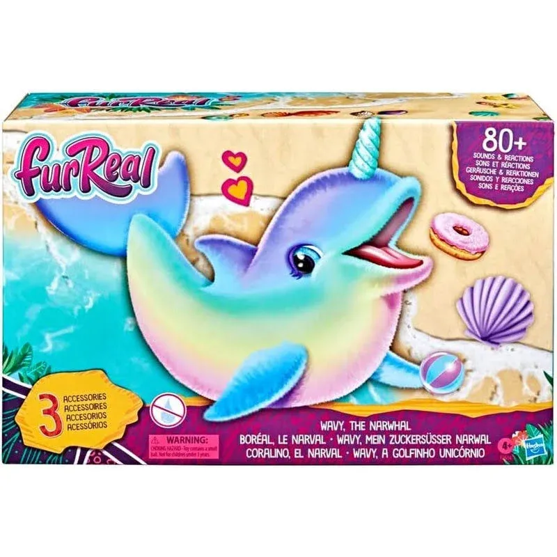 FurReal Wavy The Narwhal Interactive Animatronic Plush Toy, Electronic Pet, 80+ Sounds and Reactions, Rainbow Plush, Ages 4 and Up