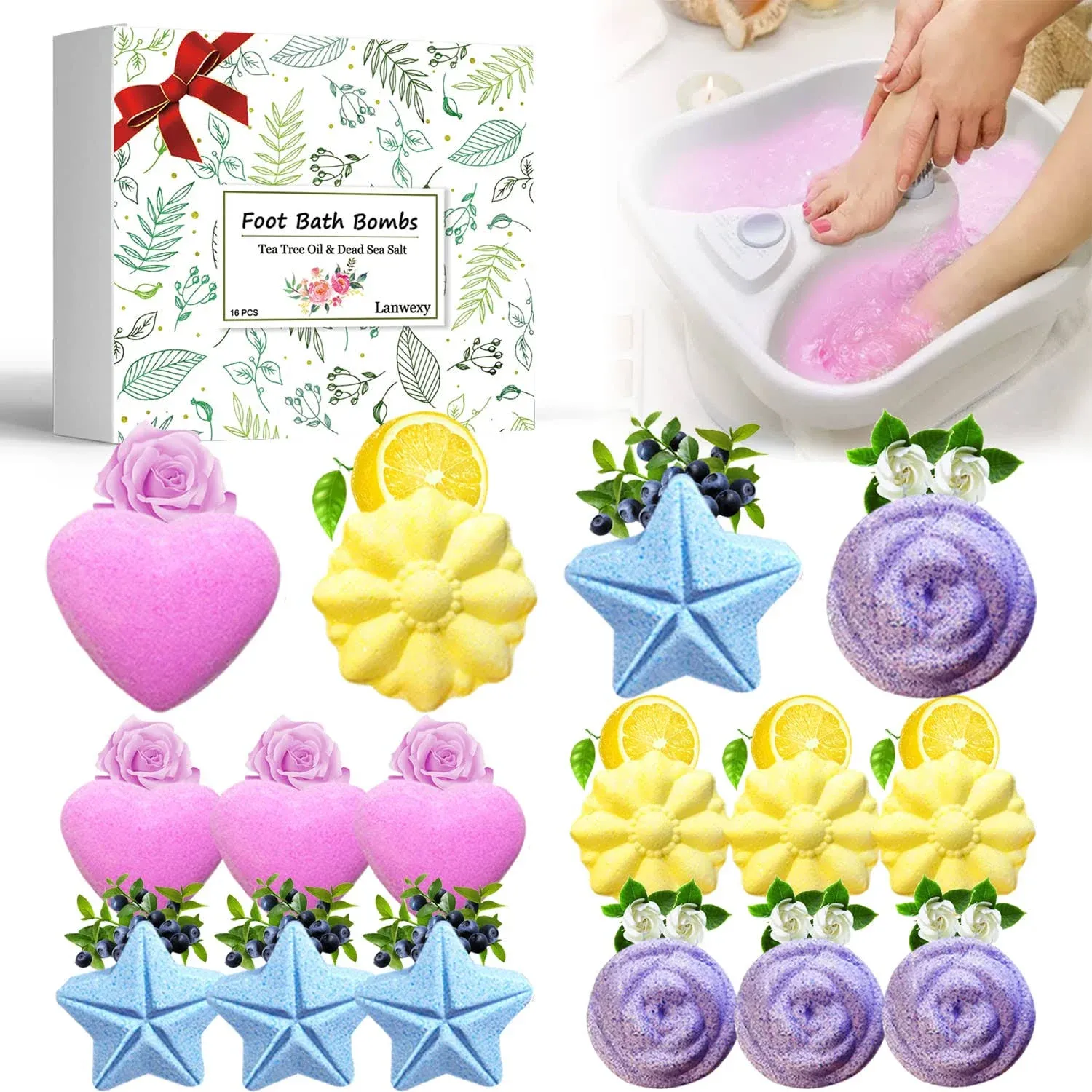 Lanwexy Bath Foot Bombs, 16 Pack Foot Soak with Bath Salt and Tea Tree Oil ...