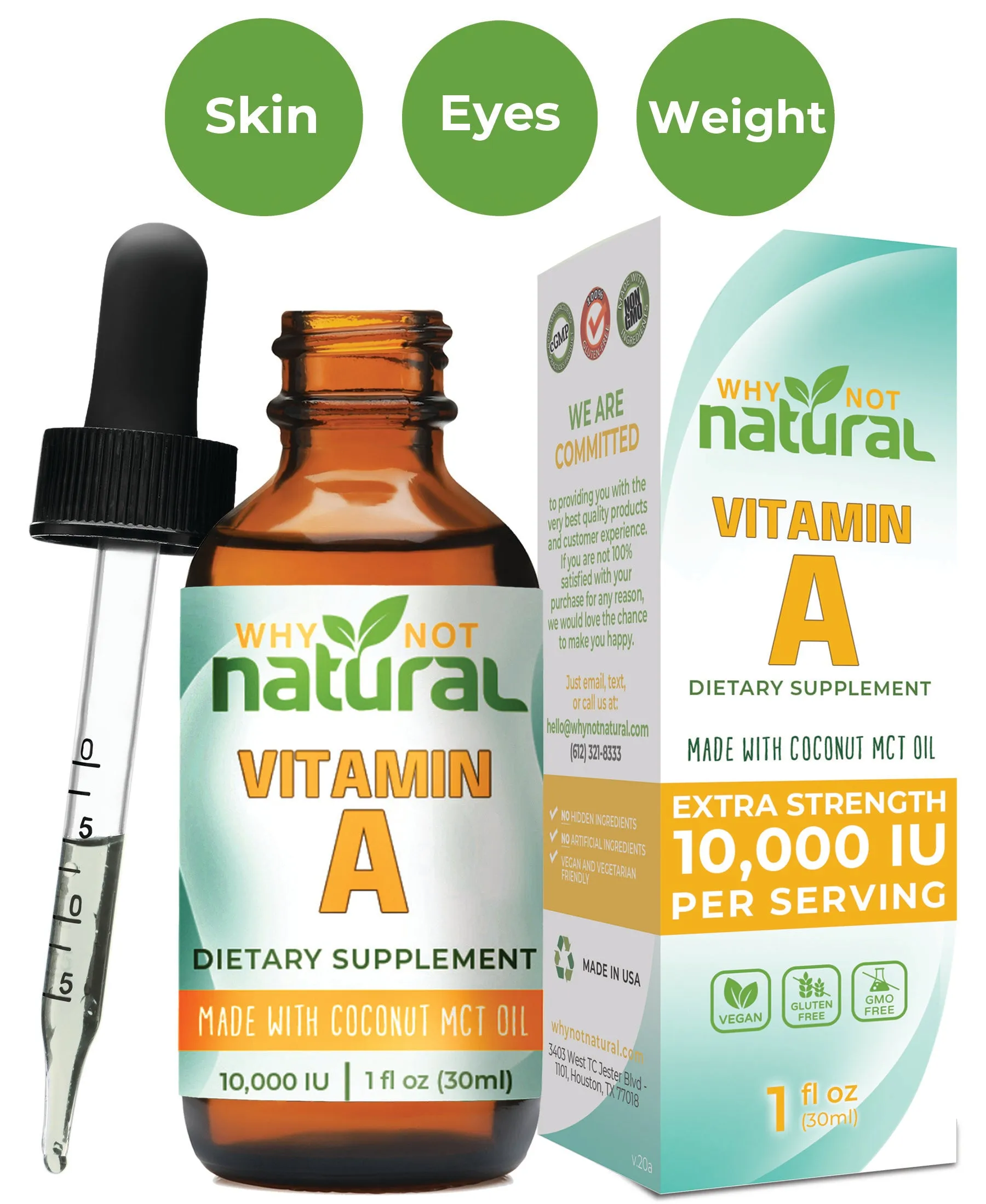 Why Not Natural Vitamin A Drops 10000 IU - Liquid Retinyl Palmitate with Coconut MCT Oil, Vegan Micellized Vit A Supplement for Skin, Acne - 1 oz