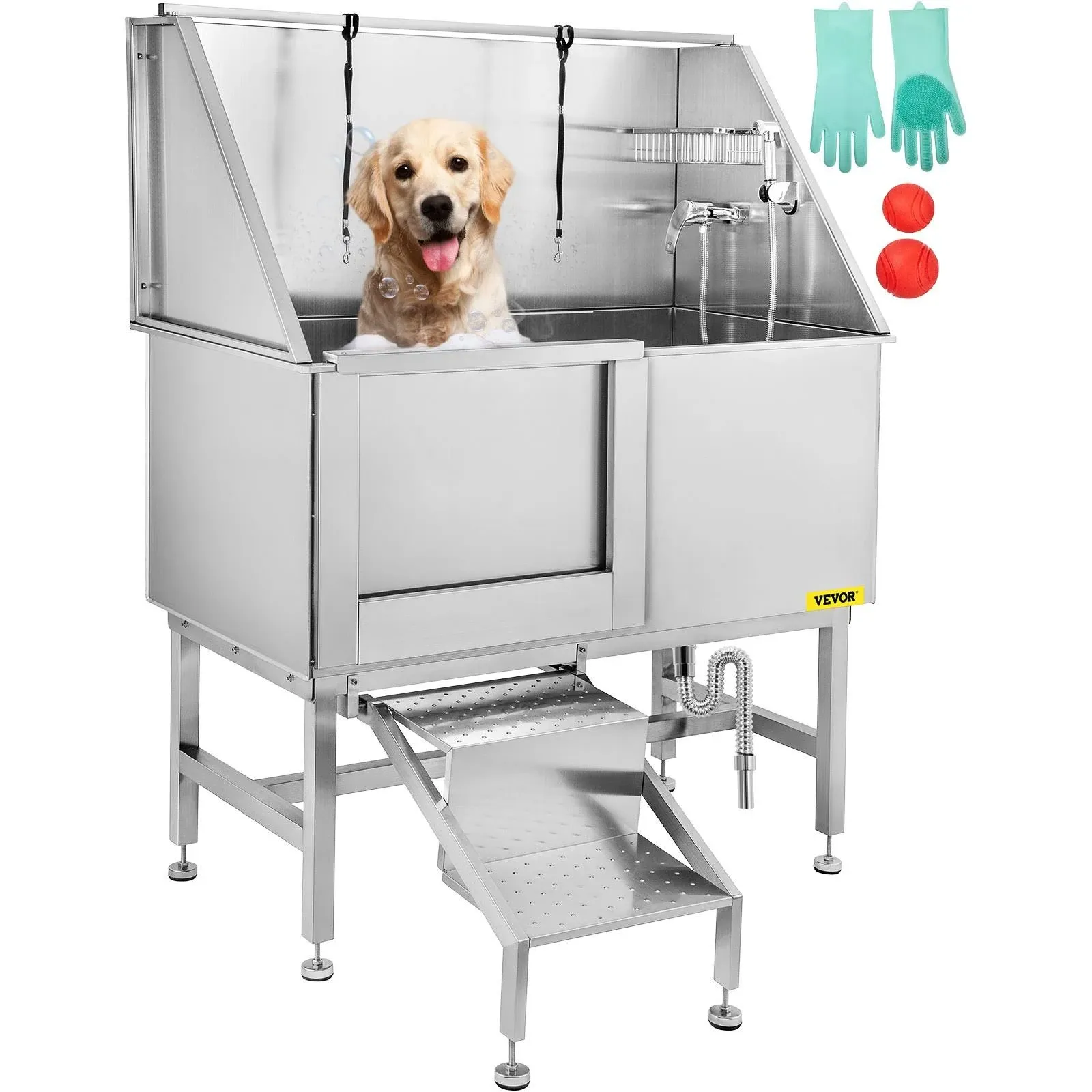 VEVOR 50" Pet Grooming Bath Tub Dog Cat Wash Walk-in Ramp Stainless Steel W/faucet