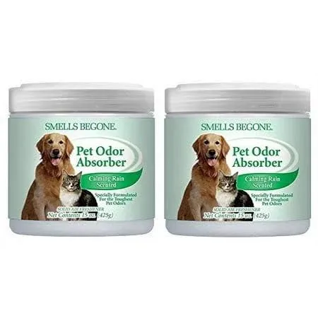 SMELLS BEGONE Air Freshener Odor Absorber Gel - 15 oz, Pack of 2 - Absorbs and Eliminates Odor in Pet Areas, Bathrooms, Cars, & Boats - Made with Essential Oils - Calming Rain Scent