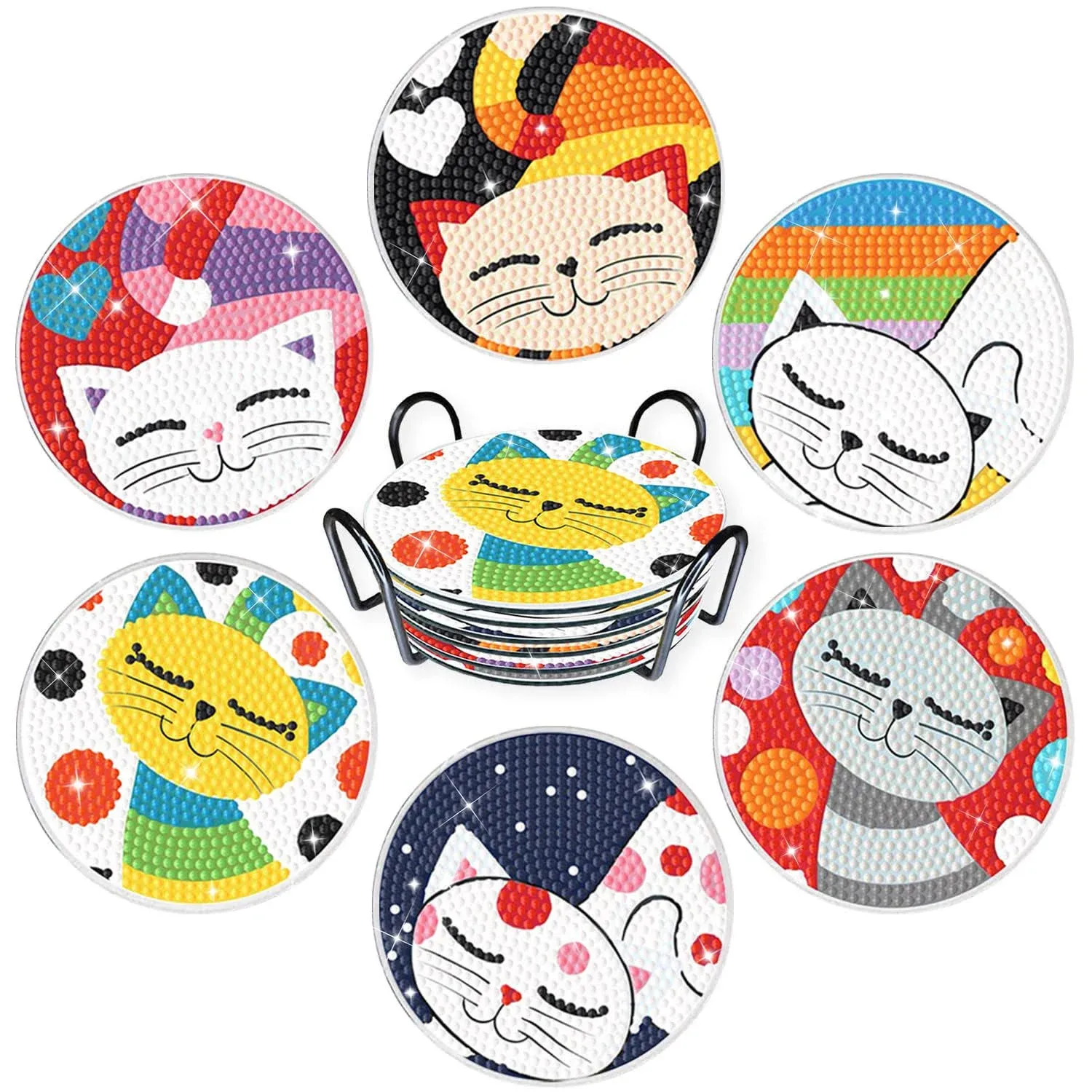 Valdivia Diamond Painting Cat Coasters with Holder, 6 Pcs Cute Drink Coasters Set ...