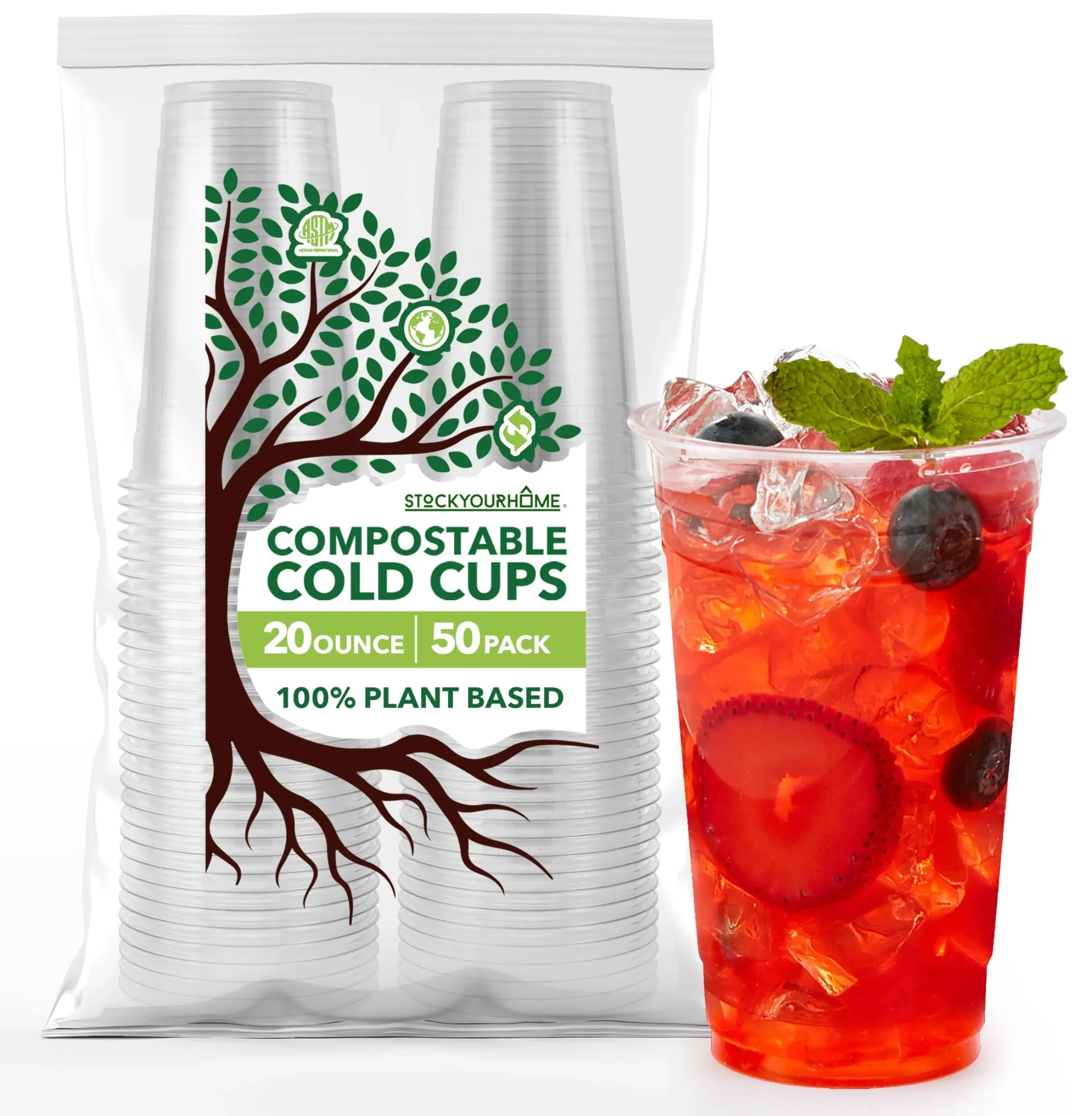 20 Oz Clear Compostable Cold Cups (50 Pack) Plant Based Biodegradable No Plas