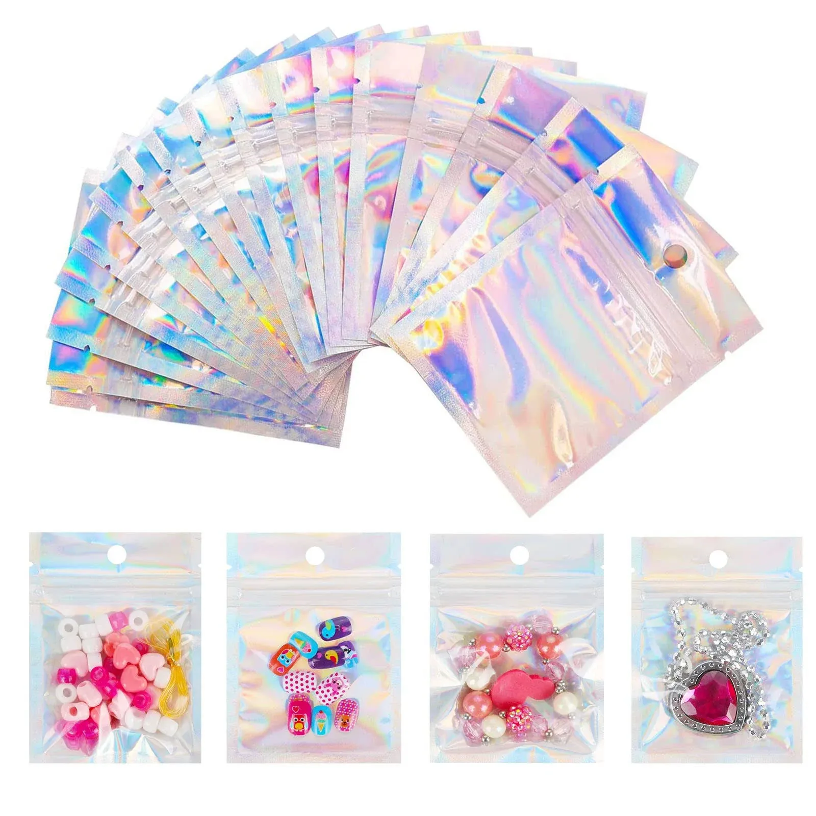 QTOP 100 Pieces Mylar Bags Holographic Packaging Bags, Foil Pouch Ziplock Bags for Food Storage and Lipgloss, Jewelry, Eyelash Packaging (3 X 4 inches)