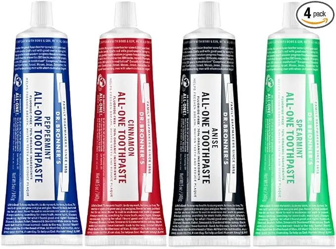 Dr. Bronner’s - All-One Toothpaste Variety Pack - Peppermint, Cinnamon, Anise, & Spearmint, 70% Organic Ingredients, Natural & Effective, Fluoride-Free, Helps Freshen Breath, Vegan (5oz, 4-Pack)Dr. Bronner’s - All-One Toothpaste Variety Pack - Peppermint