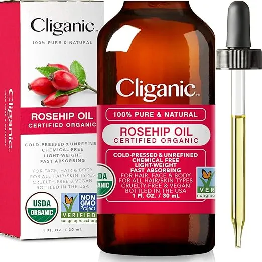 Cliganic Organic Rosehip Seed Oil for Face, 100% Pure | Natural Cold Pressed Unrefined Non-GMO | Carrier Oil for Skin, Hair & Nails