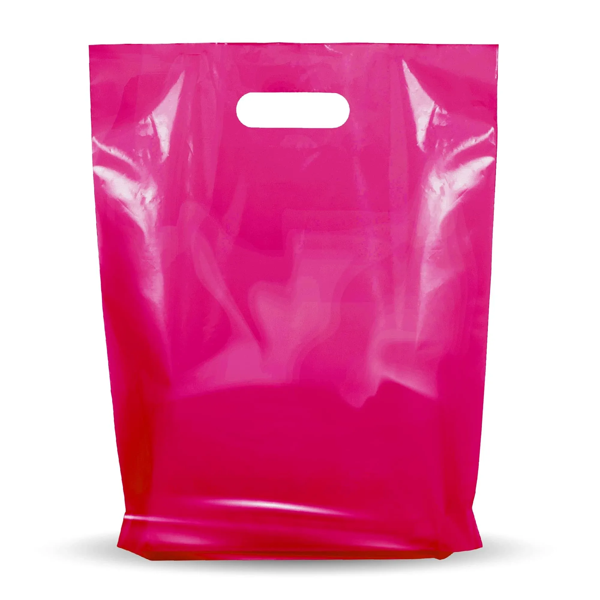 100 Pack 12" x 15" with 1.25 mil Thick Pink Merchandise Plastic Glossy Retail Bags - Die Cut Handles - Perfect for Shopping, Party Favors, Birthdays, Parties - Color Pink - 100% Recyclable