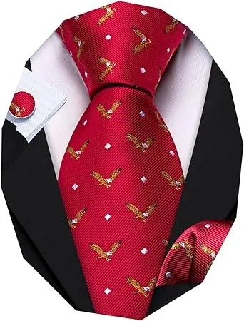 Barry.Wang Fun Animal Ties for Men Designer Handkerchief Cufflink WOVEN Casual Necktie Set Festival