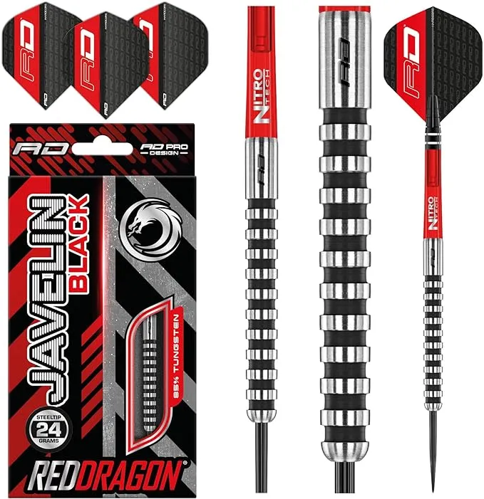 RED DRAGON Javelin Black 22g, 24g - Tungsten Steeltip Darts Set with Flights and Stems