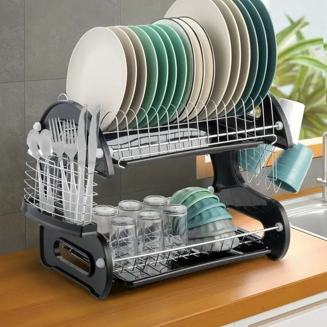 Upgraded Dish Drying Rack, Dish Racks for Kitchen Counter, Auto-Drain, Large Capacity, Space-Saving Dish Rack with Cutlery Holder, 16.9''L x 12.6''W, Black