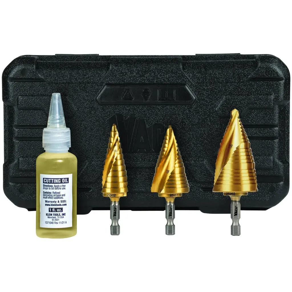 Klein Tools 25951 Electrician's Step Drill Bit Set, Spiral Double Fluted, Titanium Nitride Coating, 1/4-Inch Impact Shank, Case, 3-Piece