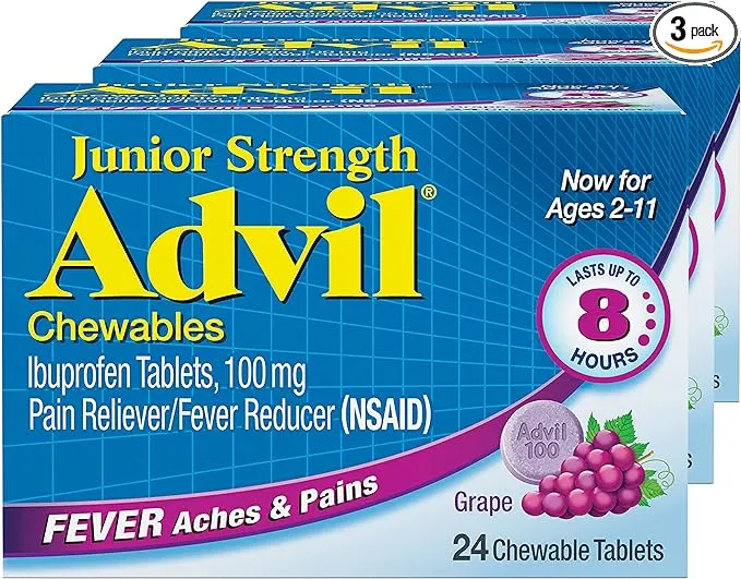 Advil Junior Strength Chewable Ibuprofen Pain Reliever and Fever Reducer, Children's Ibuprofen for Pain Relief, Grape - 24 Tablets (Pack of 3)