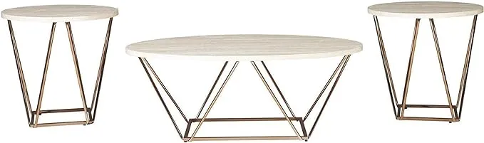 Signature Design by Ashley Tarica Modern 3 Piece Table Set, Includes Coffee & 2 End Tables, White & Gold